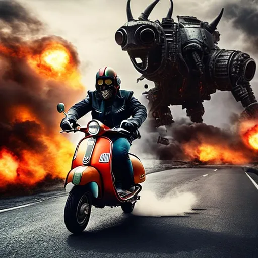 Prompt: psychotic luchador riding a vespa, hyperrealistic, dystopic, war, explosions, alien invasion, dark, gritty, battlefield, battle scene, gory