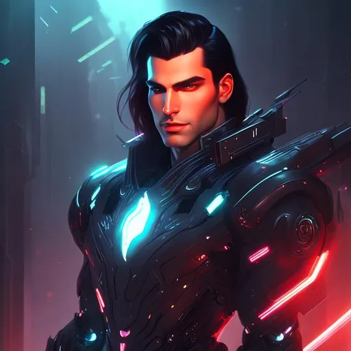 Prompt: Handsome man, muscular, long black hair, pale skin, fantasy art style, painting, futuristic, dystopian, robotic, biological mechanical, evil, full body, red lights