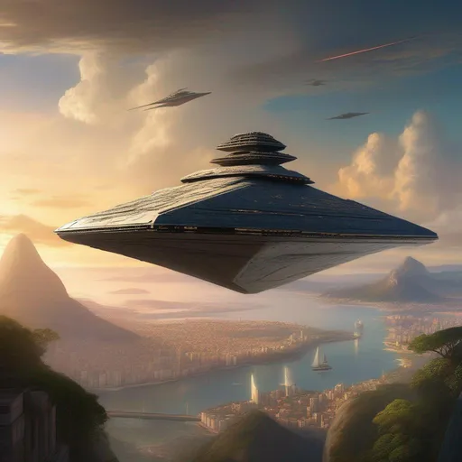 Prompt: A Star Destroyer from Star Wars movies over Rio de Janeiro city, masterpiece painting with detailed face, full body 4k, trending on artstation, octane render, art by artgerm and greg rutkowski and alphonse mucha and craig mullins and James Jean and Andrei Riabovitchev and Marc Simonetti and peter mohrbacher