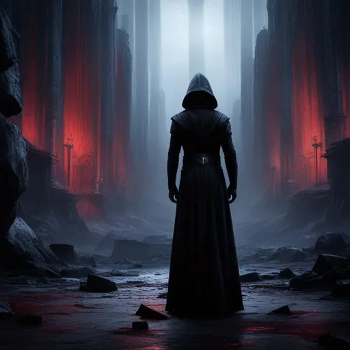 Prompt: A haunting scene of sith temple, portrait of Sith Lord in a sith outfit (glowing eyes:1. 2), Staggering through a dark, abandoned temple, (shadows:1. 1) lurking in corners, Tattered remains of dead robes, anxious atmosphere, 8k, Gruesome details, unsettling, cinematic, mysterious, captivating, anxious, post a war, 8k, concept art, trending on artstation