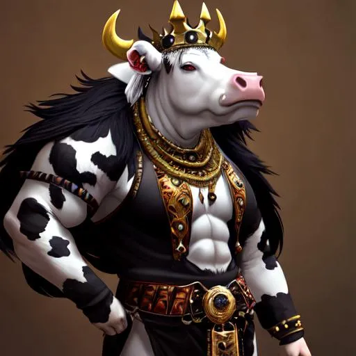 Prompt: cow king, full length, angry, big teeth, anthropomorphic, black spots, fantasy