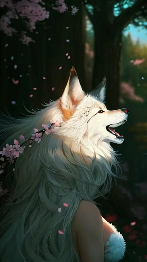 Prompt: Fully Clothed Portrait of alluring fantasy (wolf goddess in spring) in photorealistic quality in magical environment, furry tail, cherry blossoms; highly stylized face and tail portrait fantastically intricate detailed extremely complex art masterpiece by Thomas Kinkade by Ismail Inceoglu trending on Instagram HARDWARE Photographic Art Direction WLOP 5 realistic body centered, anime Character Design, Unreal Engine, Beautiful, Tumblr Aesthetic,  Hd Photography, Hyperrealism, Beautiful Watercolor Painting, Realistic, Detailed, Painting By Olga Shvartsur, Svetlana Novikova, Fine Art