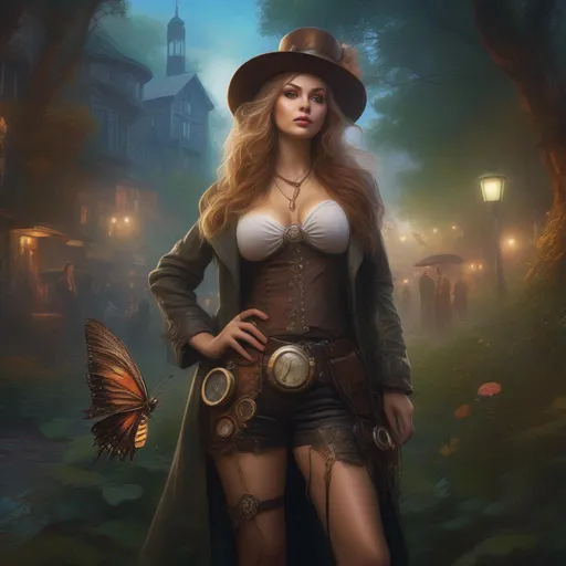 Prompt: 4k.  8k. Cinematic, Wide angle.  Whole body showing. Hyper realistic painting. Concept art. Detailed Illustration. photo realistic. A beautiful, buxom woman with broad hips. extremely colorful, bright eyes,  standing in a forest by a sleepy town. Shes a Steam Punk style witch, a Winged fairy, with a skimpy, very sheer, gossamer, flowing outfit. On a colorful, Halloween night.