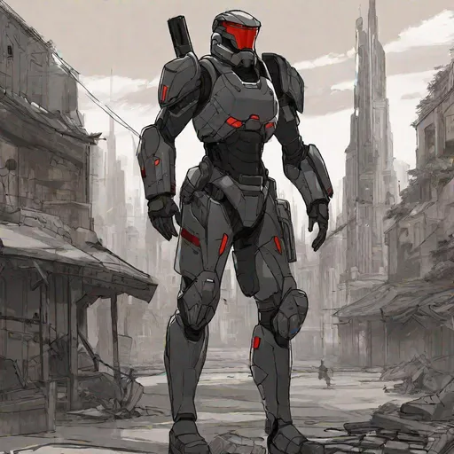 Prompt: Whole body. Full figure. Star wars sith empire black armor trooper. In background a scifi ruined city. Rpg art. Star wars art. 2d art. 2d. Well draw face. Detailed. 