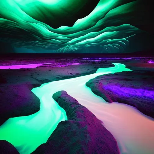 Prompt: magic river flowing from nowhere into nothing, glowing purple and green light from under the water, strange plants and animals, other-worldly sights and sounds, unknown