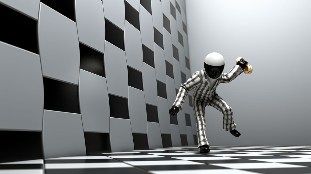 Prompt: checkerboard man emerge from the chekerboard wall