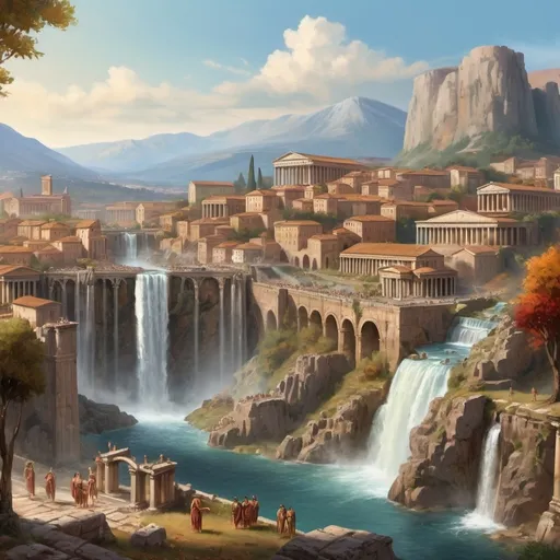 Prompt: a 1st century roman city with mountains and a large waterfall in the background, ancient scene, historic, with lots of colors, painting style