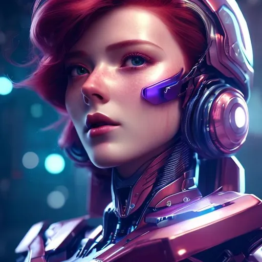 Prompt: a beautiful robot red head woman, feminine look, retro like, octane rendered 4k, hyperrealism, highly detailed, futuristic look, cinema 4k, lots of details, blue and purple background with stars, epic look, portrait 9:16