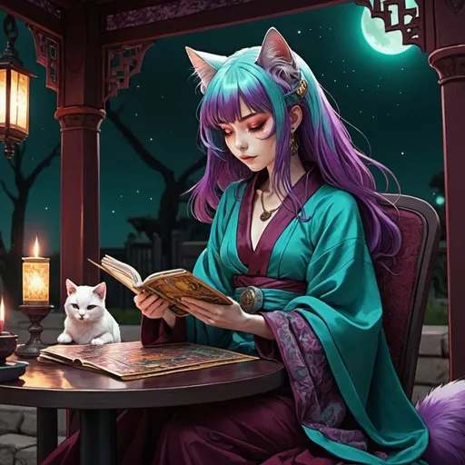 Prompt: tarot card Anime illustration, a purple-haired cat-kitsune woman reading at a table outdoors, detailed ornate cloth robe colored teal and burgundy, dark contrasted lighting