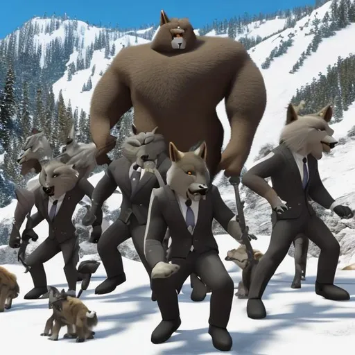 Prompt: Linnux the big buff anthro wolf is  wearing black business suit, and a group of wolfpacks are wearing business suit uniform are invaded at Snow mountain against Khampa mastiff, on "Rock dog style"