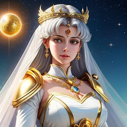 Prompt: ancient queen Eternal Sailor Moon in her final ultimate godlike shape, illuminated by a soft silvery light, intricate outfit with gold and silver trim, her perfect figure radiating holy energy, holding golden orb from Assassin's Creed, solar system in the background, she stands with a determined air, her gaze unwavering, godly, beautiful detailed eyes glowing with infinite power, absolutely astonishing, razor-sharp focus, cosmic, mesmerizing, (masterpiece), volumetric lighting, light beams, UHD, 16k, HDR, ((((best quality)))), ((((extreme details))))