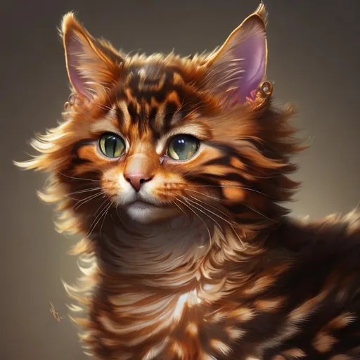 Prompt: a highly detailed curly haired, caramel and apricot, mackerel tortoiseshell cat, radiant soft lighting, Baroque artstyle, 4k, smooth, rossdraws global lighting