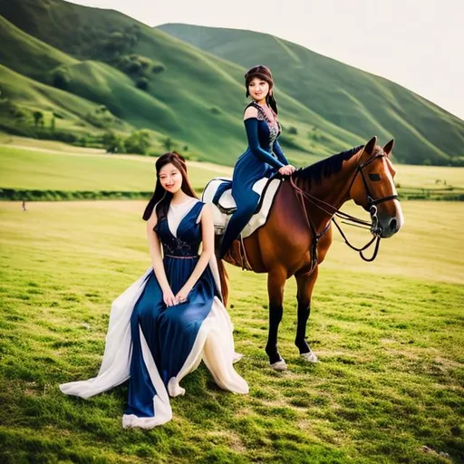 Prompt: A young lady with a one piece beautiful dress riding on a handsome horse beautiful and attractive face looks on a green valley no one around lovley scene cute lady sitting on the horse