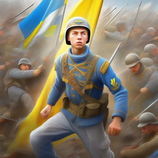 Prompt: digital super-detailed photorealistic picture represent  "Young guy in battle for Ukrainian freedom ". full-body picture with a detailed face`s zones. Multi-contrasts (scene plans and elements, colors, lights, forms, lines, rhythms, negative and positive space). Crisp quality in added Ukrainian modern cultural elements. Holographic effect on solid surfaces. Composition, Structures, Edges are based on Fractals and Fibonacci set