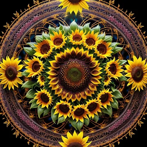 Prompt: closeup, dark, Epic, Beautiful, Plasma {Sunflower} gold silver black, big dreamy eyes, beautiful intricately-colored, symmetrical, Beautiful and Gorgeous, hyper realistic, expansive sunflower field background, hyper realistic, 64K --s99500