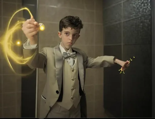 Prompt: 13 year old boy in a tuxedo casting a crazy magic spell from the outside of a bathroom stall with his magic wand, but the spell he cast happens on the inside of the bathroom stall.