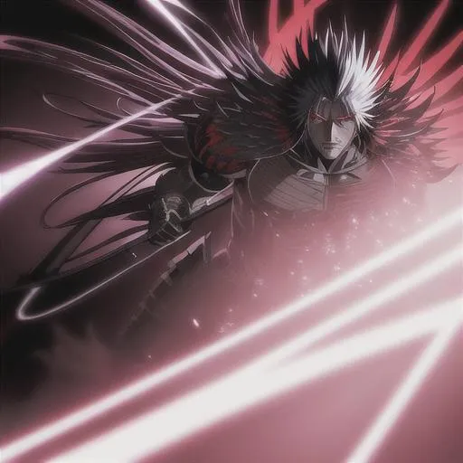 Prompt: Bleach Anime, Kenpachi mixed with Resurrection Ulquiorra, a masterpiece, dark fantasy concept art, dynamic lighting, hyperdetailed, intricately detailed, Splash screen art, deep color, Unreal Engine, volumetric lighting, Alphonse Mucha, Jordan Grimmer, Red and Black complementary colours