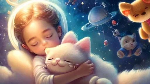 Prompt:  a sleeping little girl is holding teddy cat in space, a storybook illustration by Lilia Alvarado, featured on cg society, video art, behance hd, movie still, angelic photograph