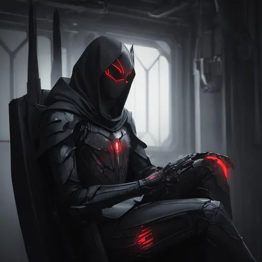 Prompt: An abnormally tall and lanky male humanoid hunched forward in nanotech armor with spines and metal protrusions. he has a black cape and is sitting ominously on a floating mechanical chair. his face is covered with a metal mask with beady glowing red eyes under a black hood. behance HD