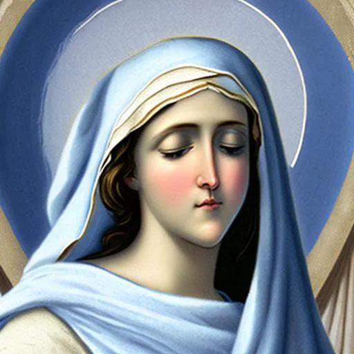 Prompt: blessed virgin mary, light blue and white robe drapery flowing in the breeze, peaceful expression on beautiful face head covered realistic finely detailed glorious