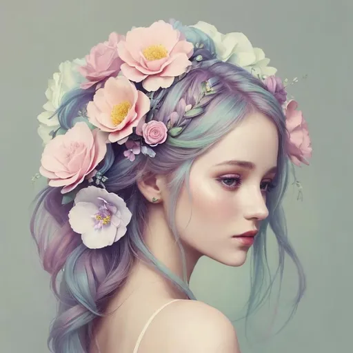 Prompt: Beautiful creation, woman with flowers in her hair, pastel colors