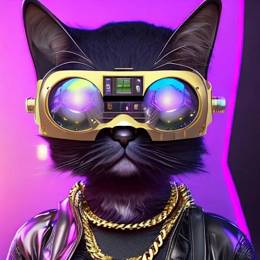 Prompt: cute chibi purple cat wearing a rappers gold chain, front facing, futuristic headphones and cyberpunk shades, photorealistic, cinematic, volumetric Lighting, Intricate details, ethereal lights, octane render, unreal engine 5