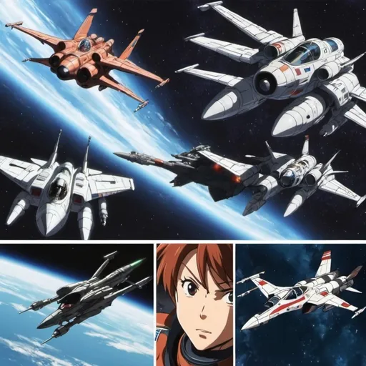 Prompt: Space Fighters in their plot scenes in anime