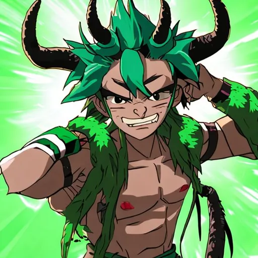 Prompt: A character that has horns and a monkey's tail that is. The horns were bulls with bright green peaks. the hair was brown with green tips the same color as the horn tips. A cap with white and green stripes covered his hair. On his right ear, he had a device that looked like a scouter used by Saiiyans. His eyes were brown with green pupils his cheeks were full of freckles and he had a nose. he was wearing a light green shirt with various symbols and hieroglyphs, a dark green jacket with soft green sleeves, and a dark green band under each shoulder. A black leather belt held the jeans in place, while green and blue knee pads protected the knees. The boots were military with two bands of dark green on each. The monkey's tail.