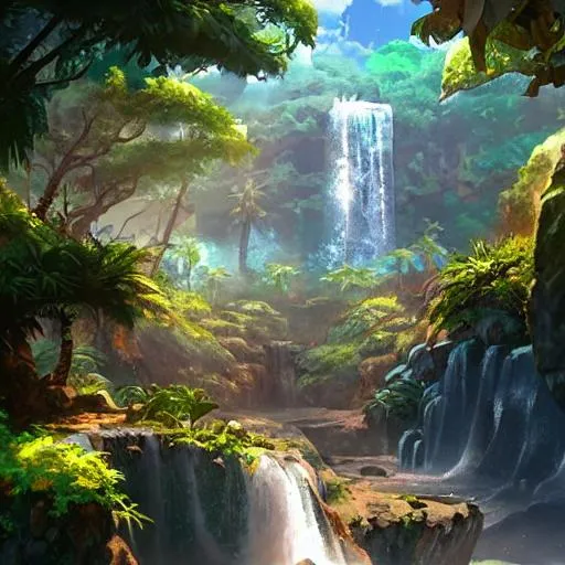 a painting of a tropical island, with a waterfall, a... | OpenArt