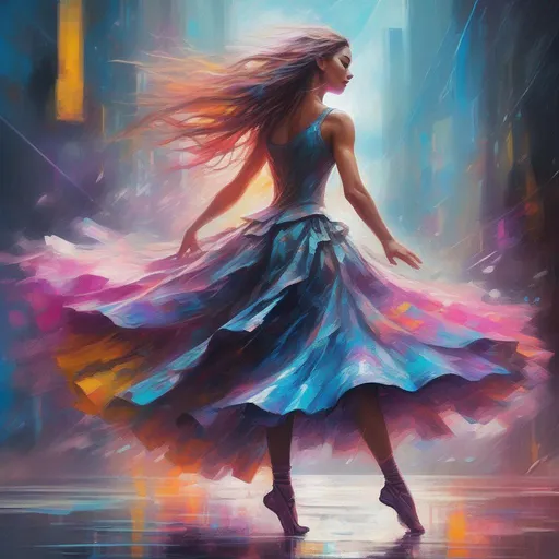 Prompt: A colourful and beautiful cyberpunk ballerina with long and thick hair wearing a flowing dress with a big skirt made of clouds dancing in the rain in a bright and neon cyberpunk world in a painted impressionistic style