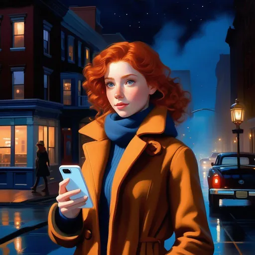 Prompt: Third person, gameplay, American girl, pale skin, freckles, curly ginger hair, hazel eyes, 2020s, smartphone, streets of Philadelphia at night, fog, blue atmosphere, cartoony style, extremely detailed painting by Greg Rutkowski and by Henry Justice Ford and by Steve Henderson 

