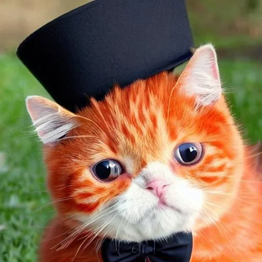 Prompt: the cutest chubby orange cat today! It was wearing a top hat and it looked so fancy. I couldn't help but smile at how adorable it was. I wish I could have taken a picture to show my friends.