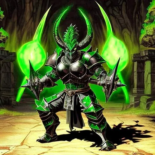 Prompt: dragon warrior, manga, strong, intimidating, powerful, tall, dragon head, horns, plate armor, green and black, evil, Caravaggio, tail, epic scenery
