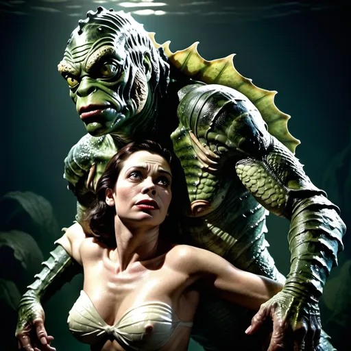 Prompt: male creature from the black lagoon monster, woman on his back, realistic skin texture, professional, highres, detailed, dramatic, rescue, urban, intense lighting, atmospheric, misc-macabre, intense scene, detailed scales, dynamic composition, dramatic shadows