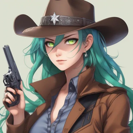 Prompt: She has a long, distinctive neon-green that fades to neon-blue hair in a ponytail, heterochromia eyes, wearing a long brown coat, grey vest, denim pants, black cowboy boots, holding a pistol, wearing a brown sheriff's cowboy hat, 8k, UHD, heavily detailed, anime style
