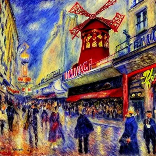 Prompt: city streetview  Moulin rouge,  paris eifeltoren painted  Renoir