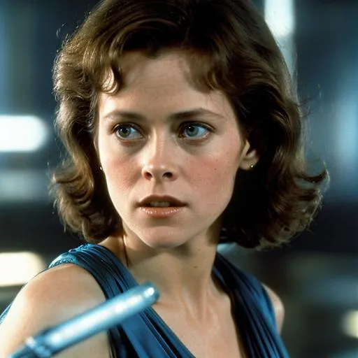 Prompt: Impossibly young and beautiful Sigourney Weaver wearing blue silk with Blade Runner background