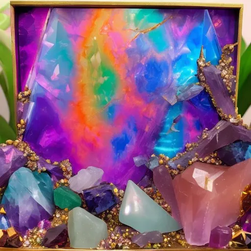 Prompt: Crystal and gemstone collection diorama in the style of Lisa frank