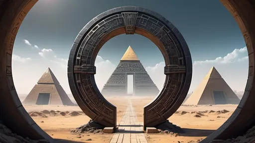 Prompt: circular portal, gateway between cities realms worlds kingdoms, ring standing on edge, freestanding ring, hieroglyphs on ring, complete ring, obelisks, pyramids, panoramic view, cyberpunk dystopian setting