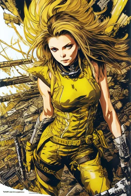 Prompt: (((Yoji Shinkawa))), sticker of ultra detailed portrait of Michelle Pfeiffer , 62 years old as a Yellow wizard queen,  high quality cell shaded illustration in post apocalyptic style by Yoji Shinkawa, ((full body)), dynamic pose, perfect anatomy, centered, freedom, soul, long hair, approach to perfection, cell shading, 4k , cinematic dramatic atmosphere, watercolor painting, global illumination, detailed and intricate environment, artstation, concept art, fluid and sharp focus, volumetric lighting, cinematic lighting, Art by Yoji Shinkawa,