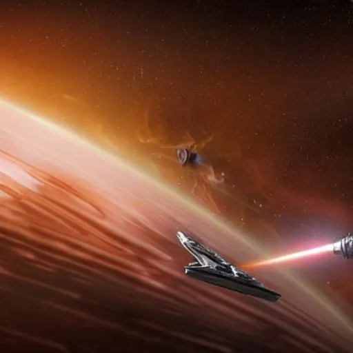 Prompt: A starship that is a mix of Star Trek and Star Wars approaches another ship that is in orbit of a black hole. , cinematic lighting photo-realistic
