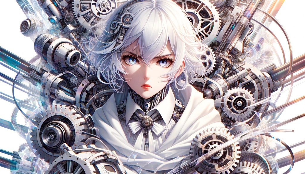 Prompt: Wide, frameless anime wallpaper of beautiful women with intense gazes. The scene showcases a blend of dieselpunk and art deco designs. The color palette is dominated by white and silver, rendered with photo-realistic techniques, capturing mechanized precision in every aspect.