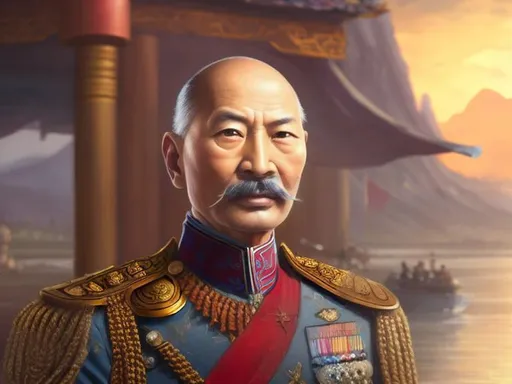 Prompt: Young Chiang Kai-shek portrait, China in the background, perfect composition, hyperrealistic, super detailed, 8k, high quality, trending art, trending on artstation, sharp focus, studio photo, intricate details, highly detailed, by greg rutkowski, magic the gathering, fantasy, high fantasy, dark fantasy