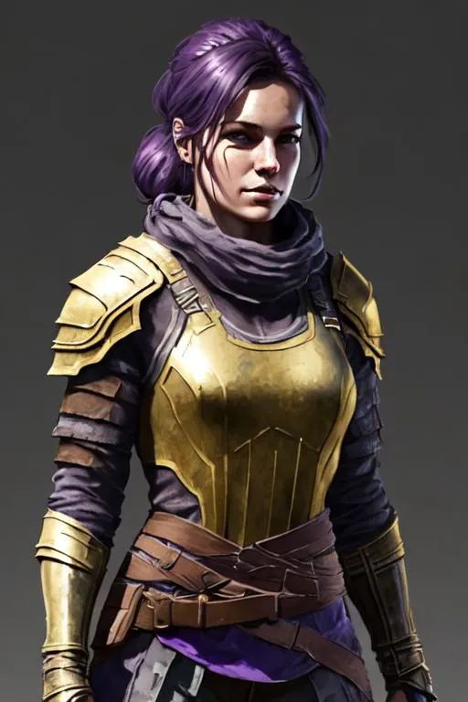Prompt: Digital art, 20-year-old woman viking, assassin's creed valhalla gear, dark purple hair, a single braid draping down the side of her right shoulder, black gear, gold armor, unreal engine 8k octane, 3d lighting, full body, full armor