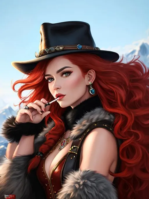 Prompt: A hyper realistic detailed character poster ((waist-up)) image of a young ((barbarian)) woman ((fierce)), with ((fur clothes)), with ((red hair)) balayage wild hair, wearing a detective hat and smoking a cigarette, highly detailed, digital painting, Trending on artstation, HD quality, ((by Prywinko)) D&D, Fantasy