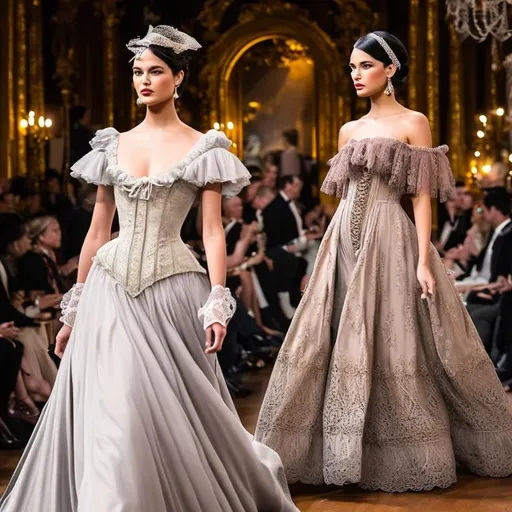Prompt: Step into a realm of Victorian-inspired fashion, where models don exquisite dresses adorned with lace, ruffles, and corsetry. The runway's dimly lit ambiance and vintage setting evoke an aura of mystery and allure reminiscent of the Victorian era