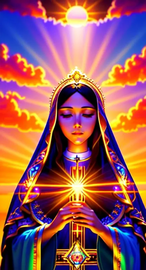 Prompt: virgin mary, hyperdetailed sunset behind, hopeful, natural light, studio lighting, volumetric lighting maximalist photo illustration 4k, resolution high res intricately detailed complex, illustration, sharp focus, digital painting, digital art, clean art, elegant, professional, colorful, highly realistic, UHD, HDR, 8K, RPG, inspired by wlop, UHD render, HDR render, 3D render cinema 4D, Painting By Olga Shvartsur