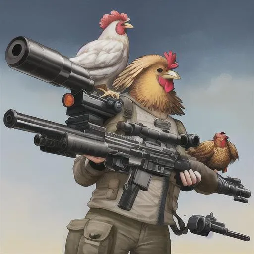 Prompt: A chicken with a mini gun on top of the world 