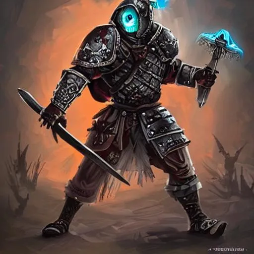 Create a retro undead warrior who has glowing eyes,... | OpenArt