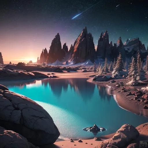Prompt: space scene, alien landscape,sunset with two suns in sky,beach with rocks and snowy coniferous forest,rocky planet in the sky out of the atmosphere, perfect sphere planet,Concept art, Greg Rutkowski, Andreas Rocha, Ultra photoreal, Ultra detailed, Intricate details, Hyperrealistic, Unreal engine, Octane render, Ray tracing, Cinematic, Fantastic backlight, Golden ratio, 8k --q 2 
